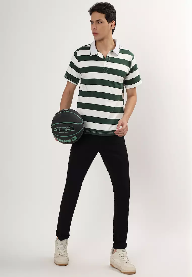 Mens Short Sleeve Green - White Stripe Cotton Rugby Polo Shirt/T-shirt,  Sports-Casual, Activewear