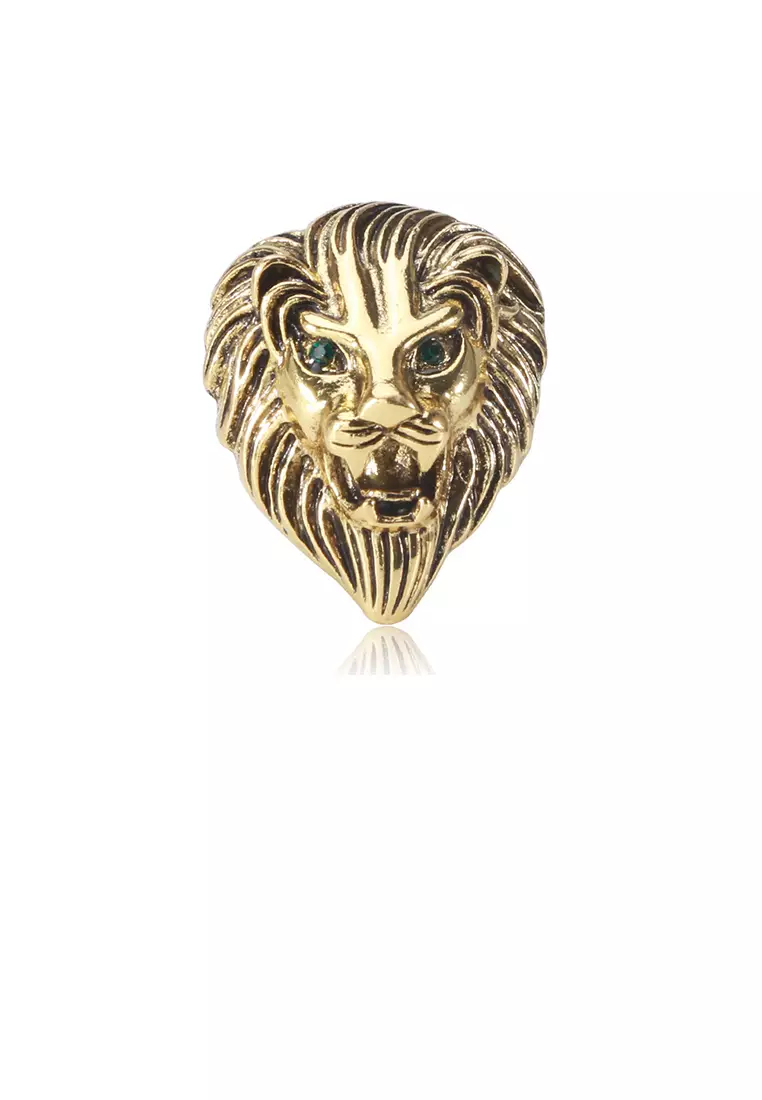Fashion Domineering Plated Gold Lion Head Brooch with Cubic Zirconia