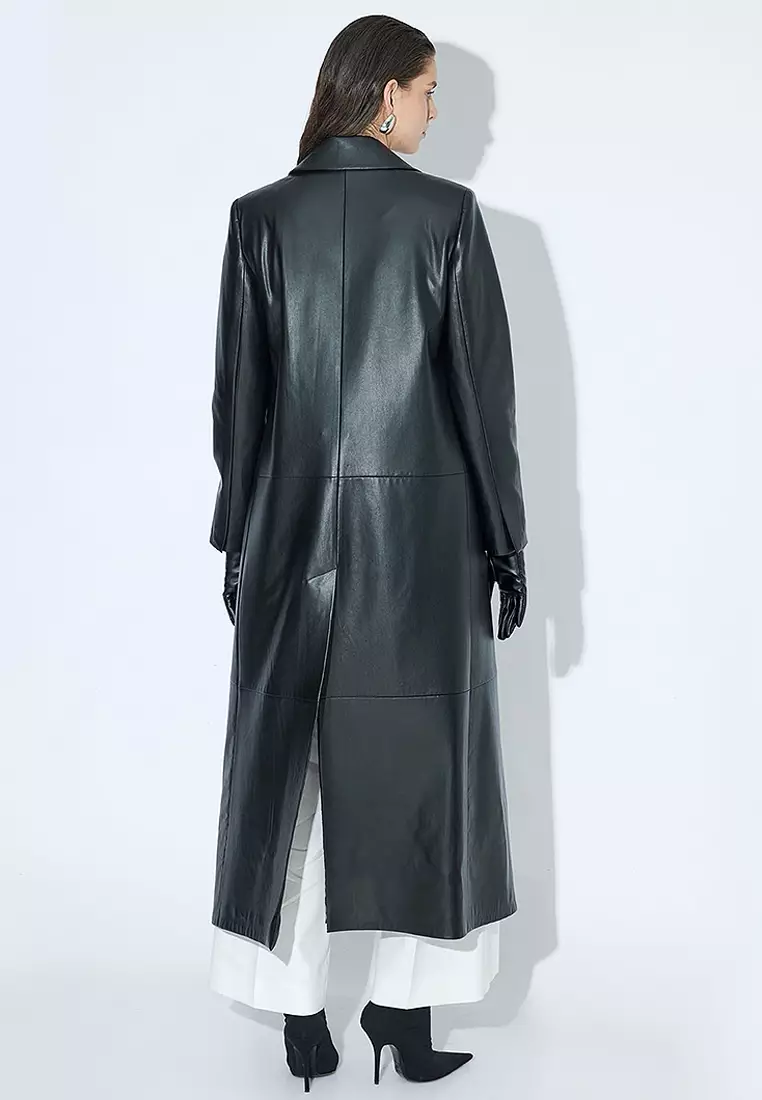 Extra Long Faux Leather Trench Coat Double Breasted Buttoned Pockets