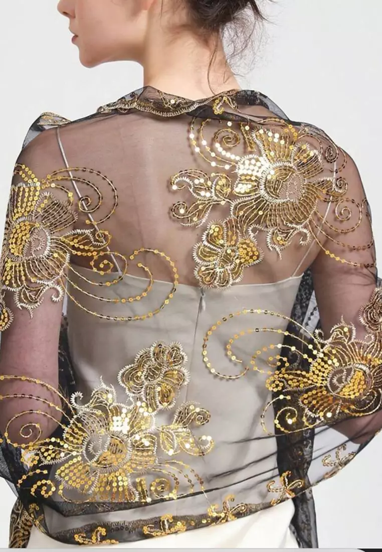 Aksesoris Wanita Sahana Flower Gold Sequinn Lace  Fringed Evening Shawl Syal Pesta Wanita Black & Gold