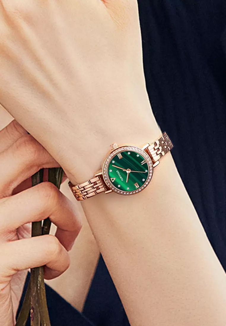 Ladies IP Rose Gold and Stainless Steel Quartz Watch, 30mm Diameter, Stainless Steel Bracelet, Malachite Dial