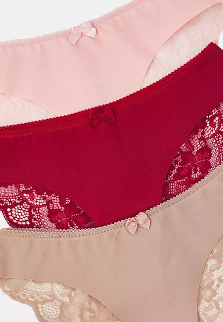 Purple-Multicolored 3-Pack Micro Lace And Ribbon/Bow Detailed Knitted Brazilian Panties
