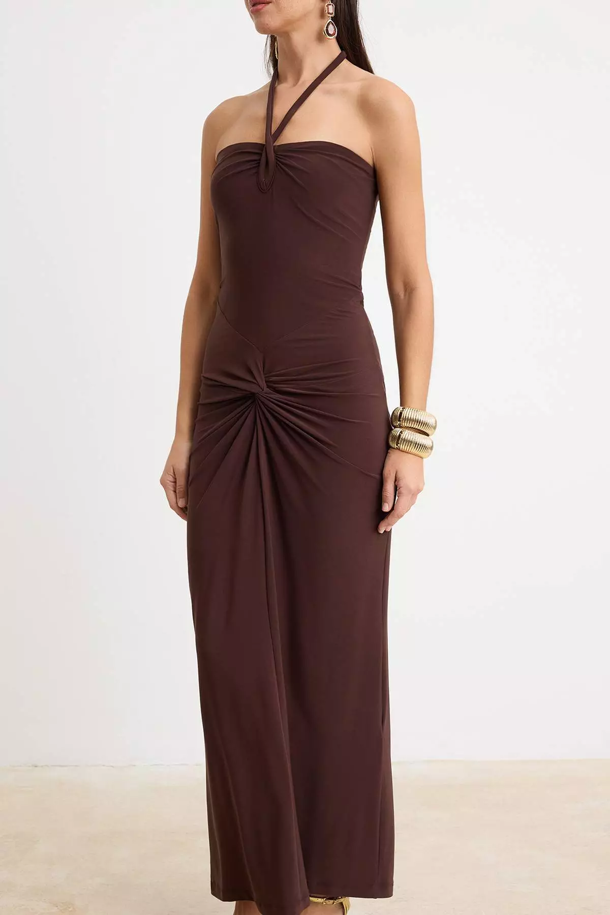 Brown Woven Maxi Evening Dress & Graduation Gown