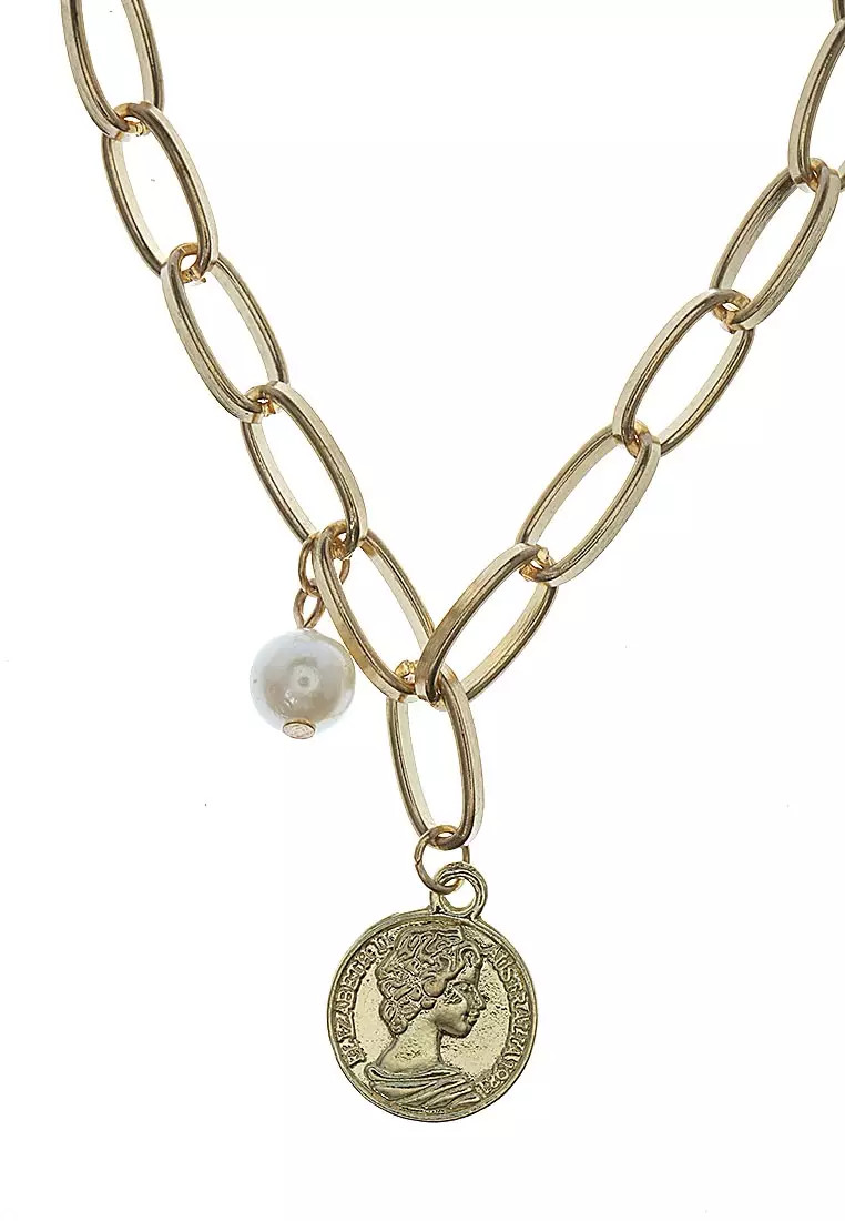 Gelang Set Mutiara Coin Pendant Aksesoris Wanita Premium Quality - Emas