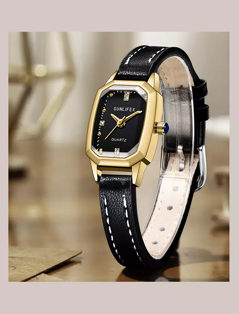 Jam Tangan Wanita Mode Tali Kulit Gaya retro Korea Berlian Jam Tangan Cewek Black