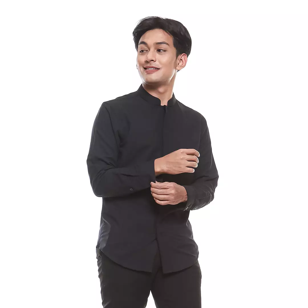 OXCON Kemeja Koko Pria Lengan Panjang Polos Fitra Black