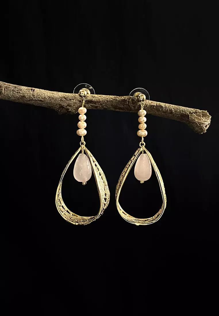 The Antecedent Store Oriental Motif Earrings with Rose Quartz - 14K Real Gold Plated Jewelry