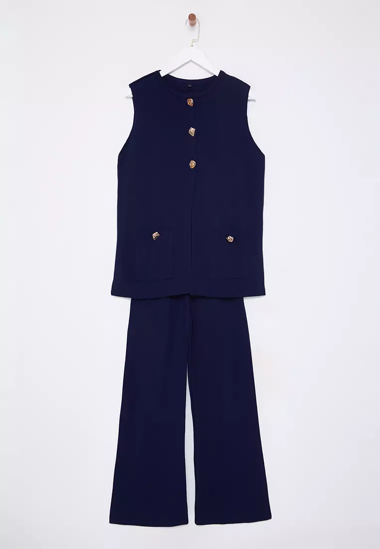 Button Detailed Knit Vest and Pants Set