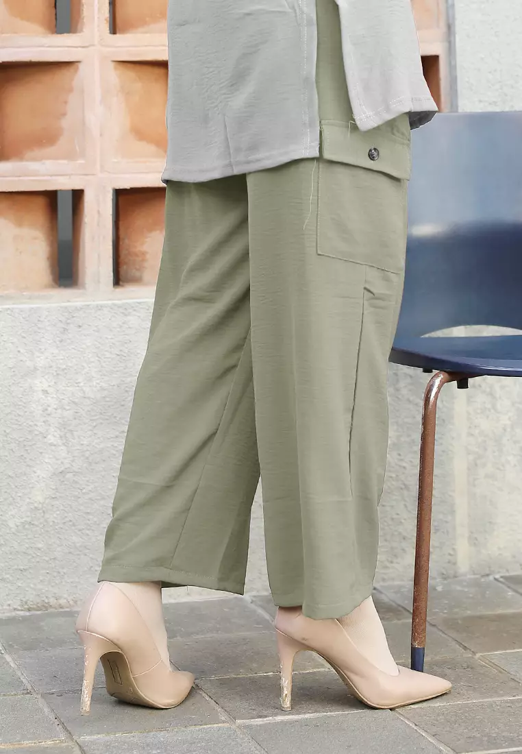 Elirana Celana Basic Pocket | Celana Kulit Wanita - Olive Green