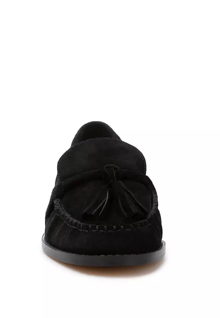 Black Tassels Detail Suede Loafers