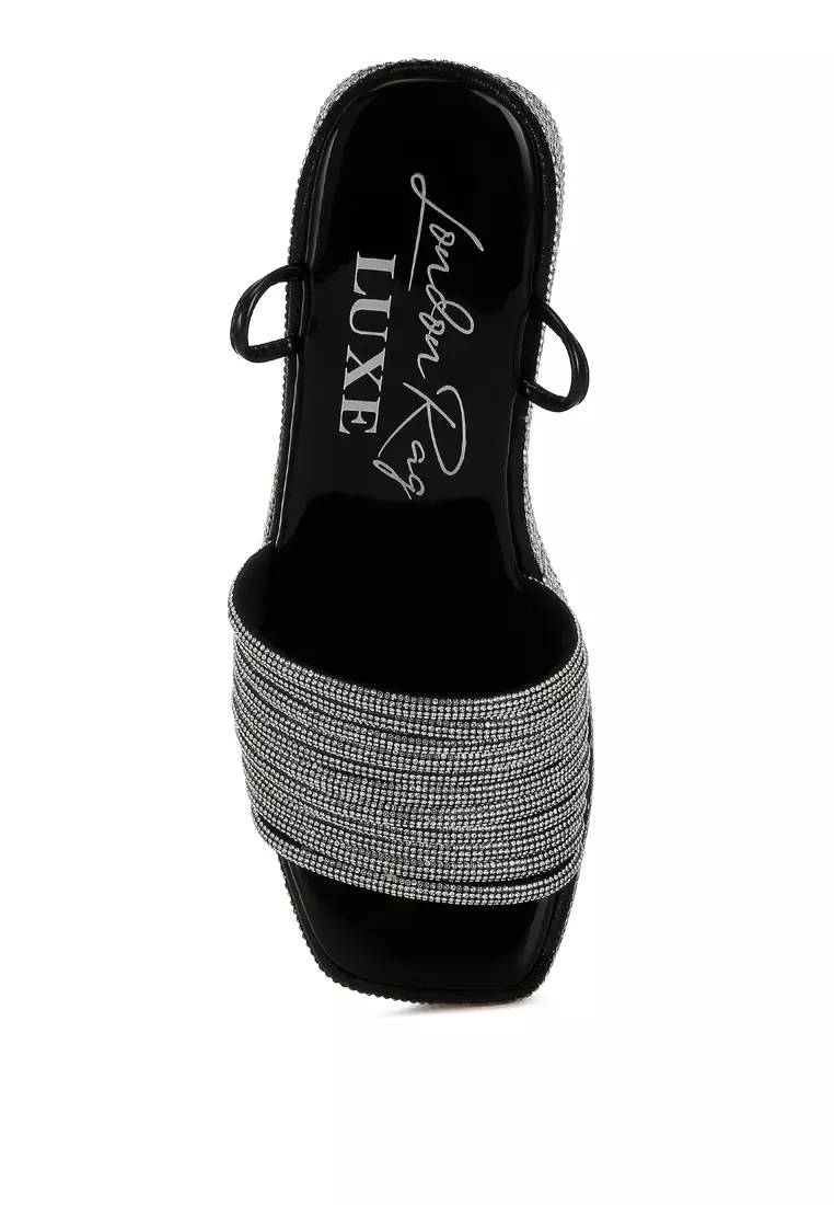Black Rhinestone Embellished Lace-Up Sandals