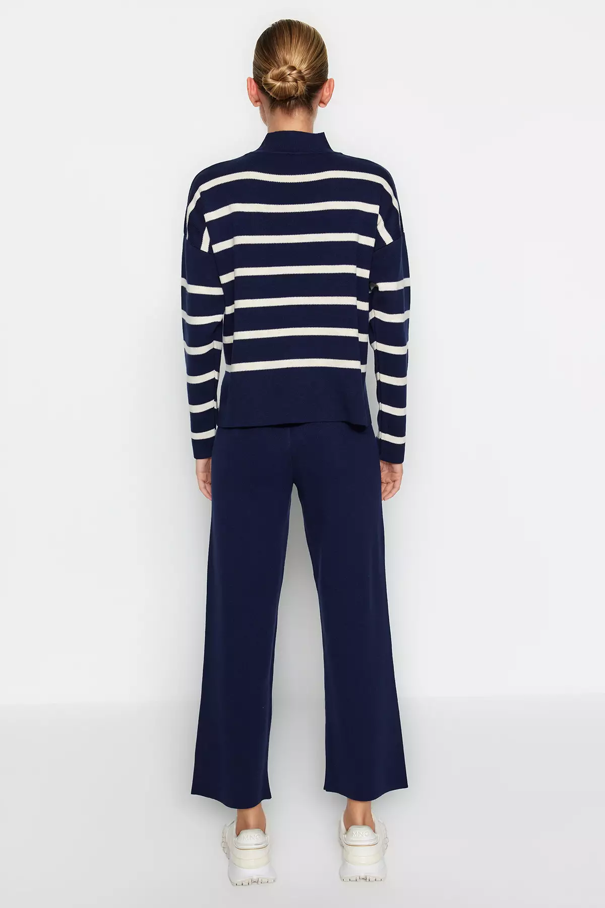 Navy Blue Striped Knitwear Trousers Bottom-Top Set TWOAW24AU00045