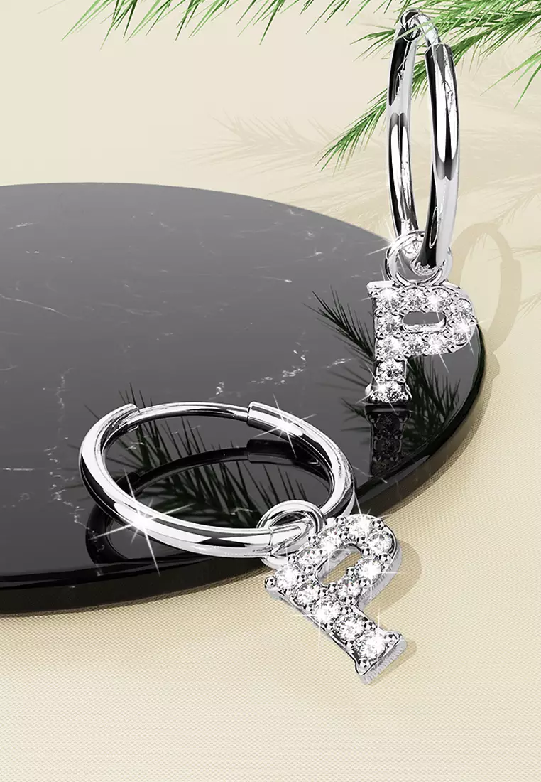 Solid 925 Sterling Silver Octavia Alphabet Letter Zircon Huggie Earrings Silver - P
