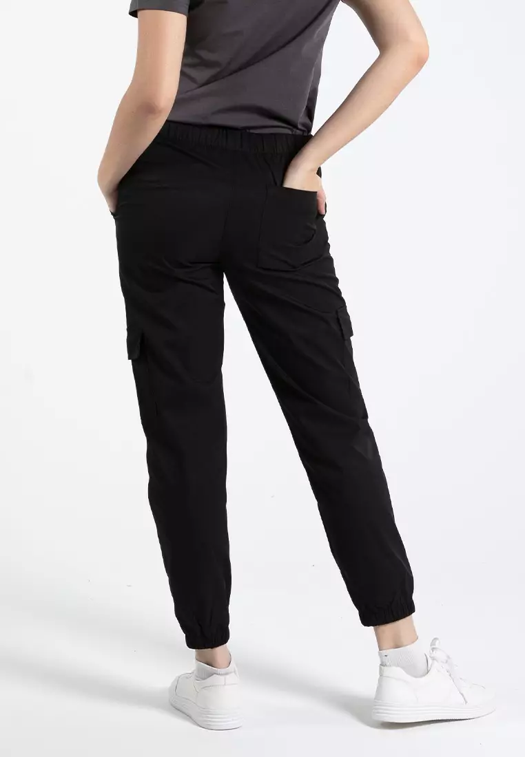 Forest Ladies Polyester Elastic Waisted Cargo Pants Women Casual Jogger Long Pants - 810494-01Black