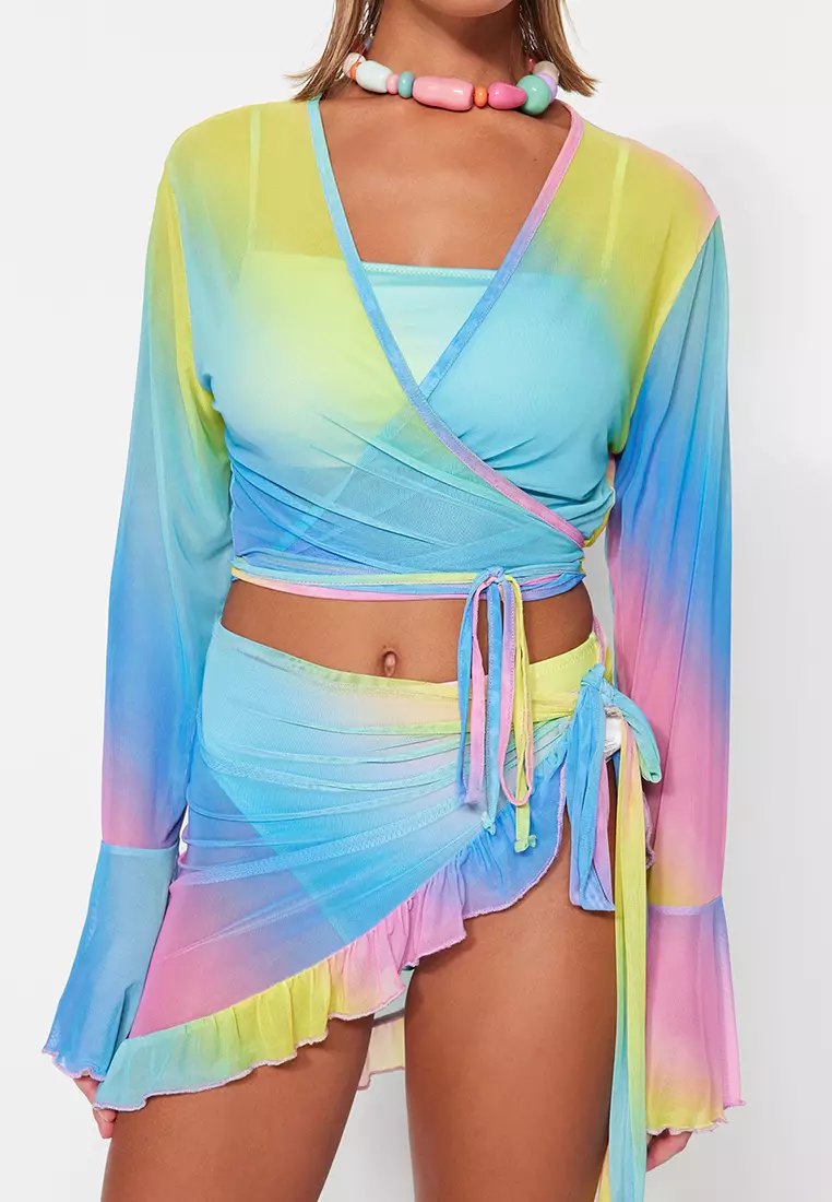 Gradient Patterned Knitted Tied Mesh Blouse Skirt Set