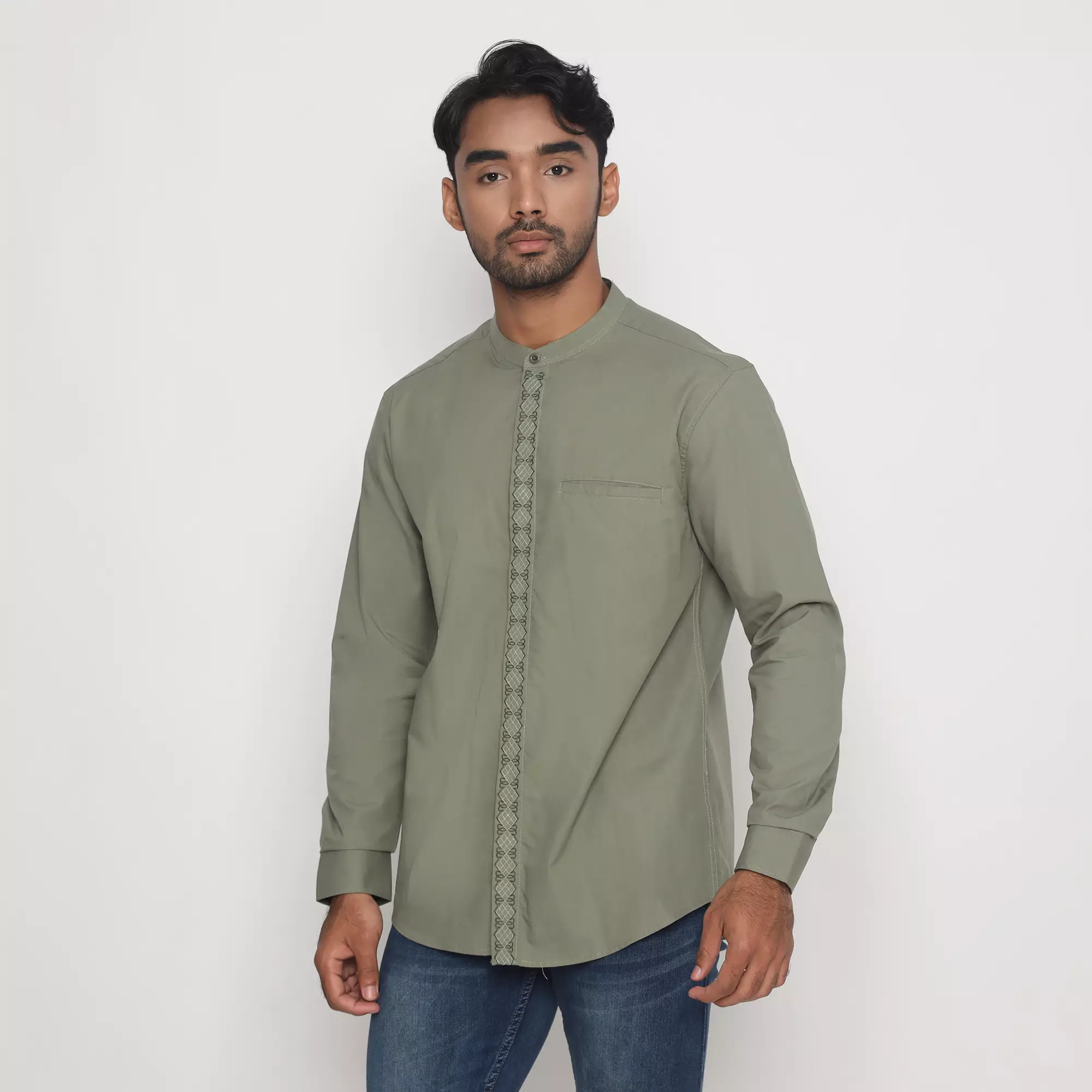 Platini Kemeja Pria Koko Shanghai Lengan Panjang Katun Hijau Army 06109