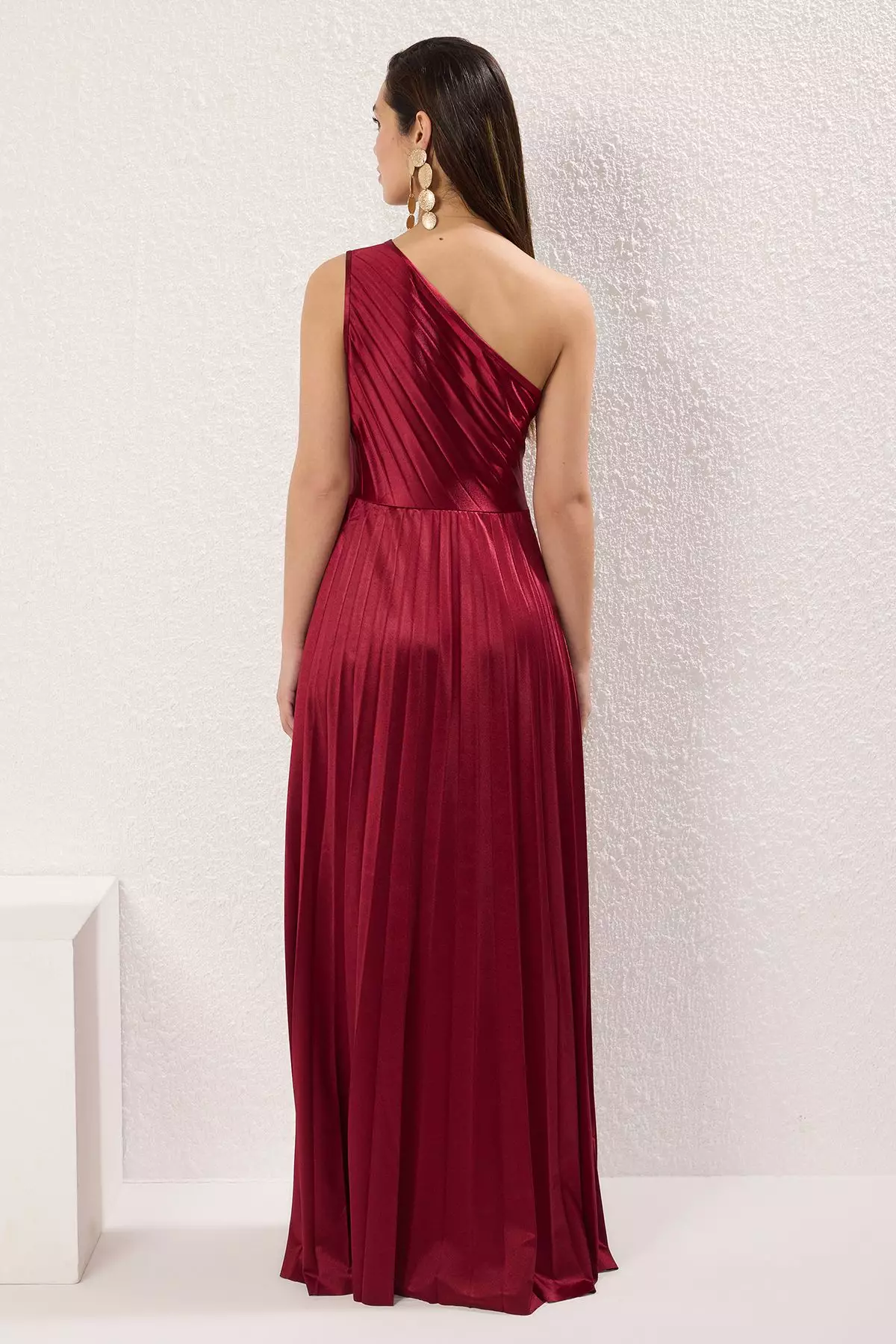 Burgundy Plain Skirt Opening at Waist Pleated Knitted Satin Maxi Evening Night Graduation Dress TPRSS25AE00161