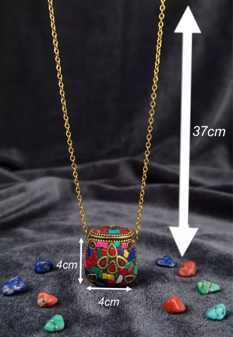 San Marco Kalung Wanita Women's Accessories Inlay GemStones Boho Style Storage Locket Necklace Gold & Multi