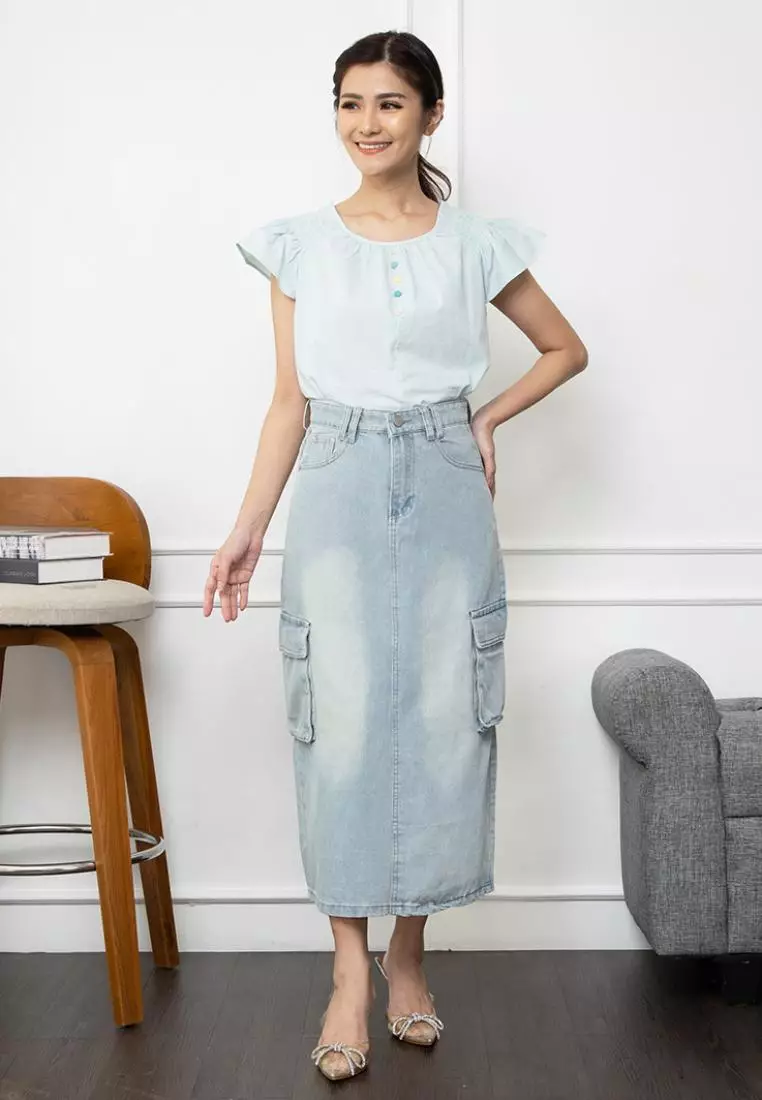 Zreya Midi Skirt Cargo in Light Blue