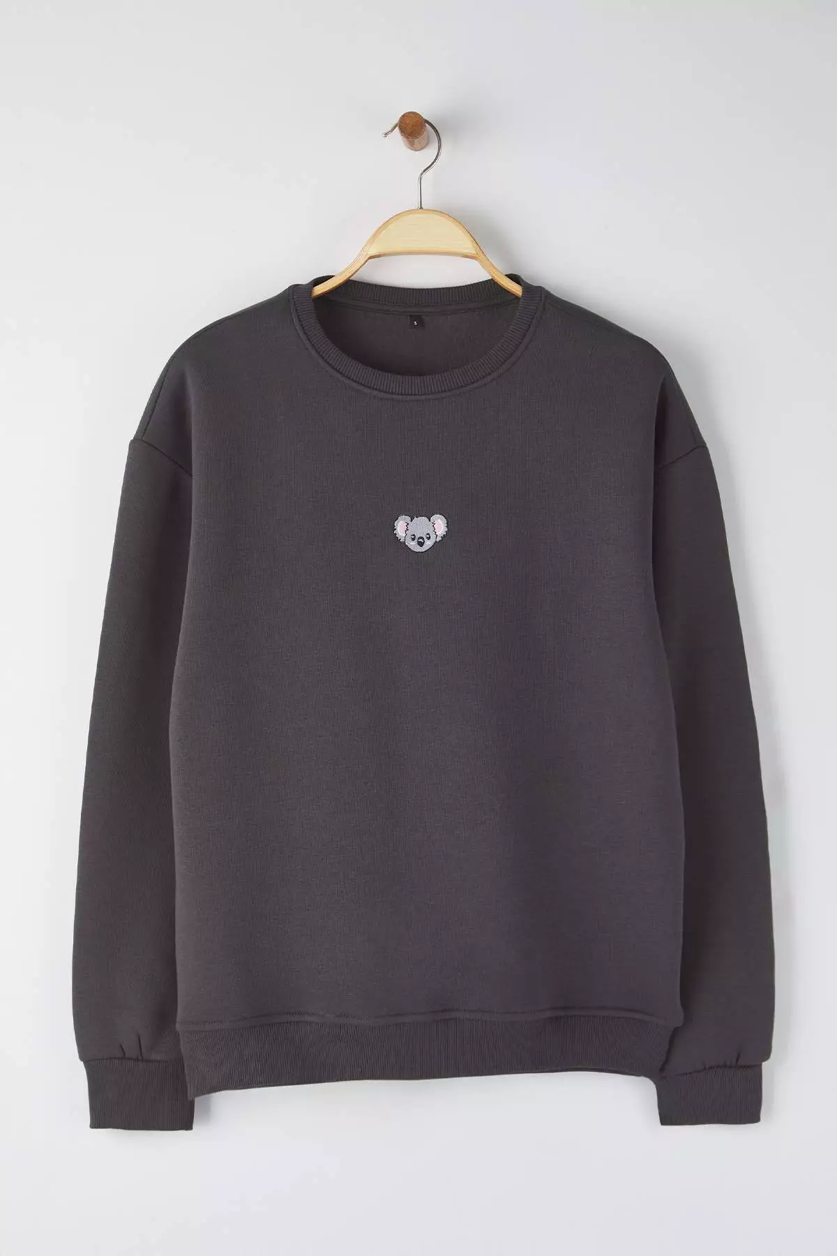 Anthracite Crew Neck Oversize/Wide Cut Polar Fleece Inside Penguin Embroidery Sweatshirt
