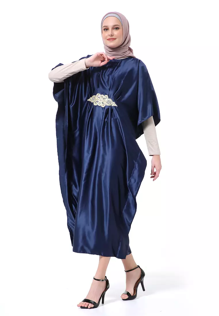 Illona Kaftan Dress Premium Fashion Muslimah Motif Polos Regular Fit - Navy