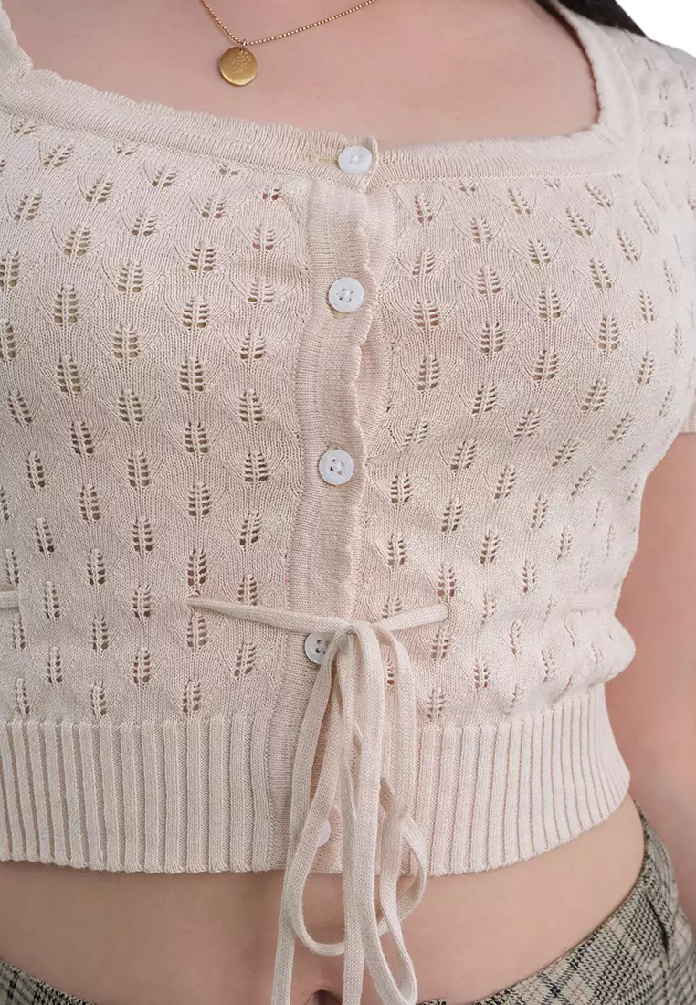 Pointelle Crop Top With Scallop Details And Tie