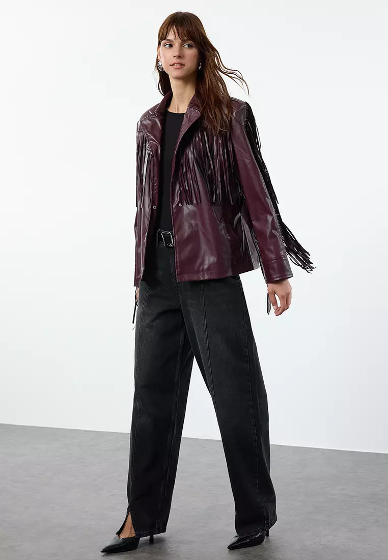 Faux Leather Belted Jacket with Tassel Detail