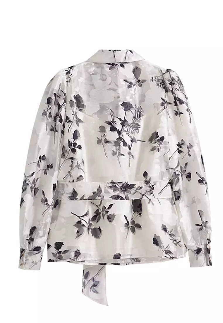 Long Sleeve Floral Smart Casual Blouse with Waist Tie