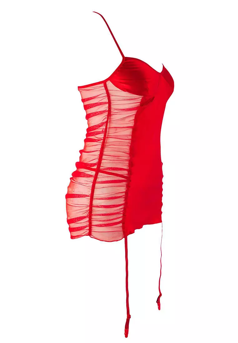 Red Tulle Garter Plain Uncovered Babydoll