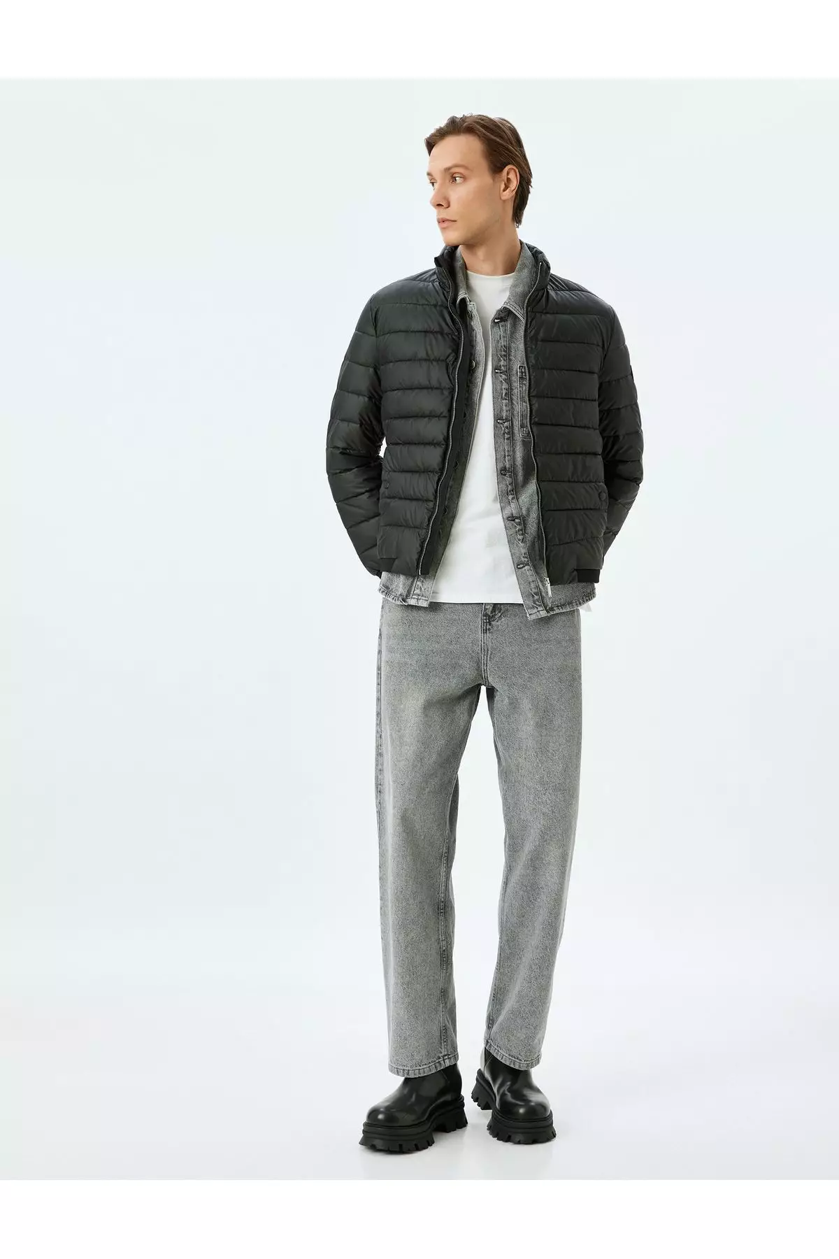 Latex Fabric Slim Fit Puffer Jacket With Stand Collar Label Detail