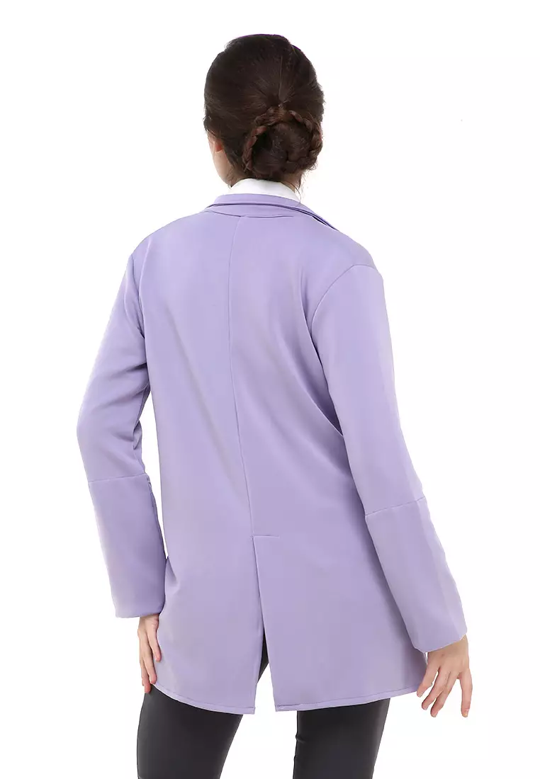 Qemsya Blazer Wanita Two Pockets Two Tone Casual Longsleeve Outer Material Bubbly Strecth ORIGINAL - Lilac
