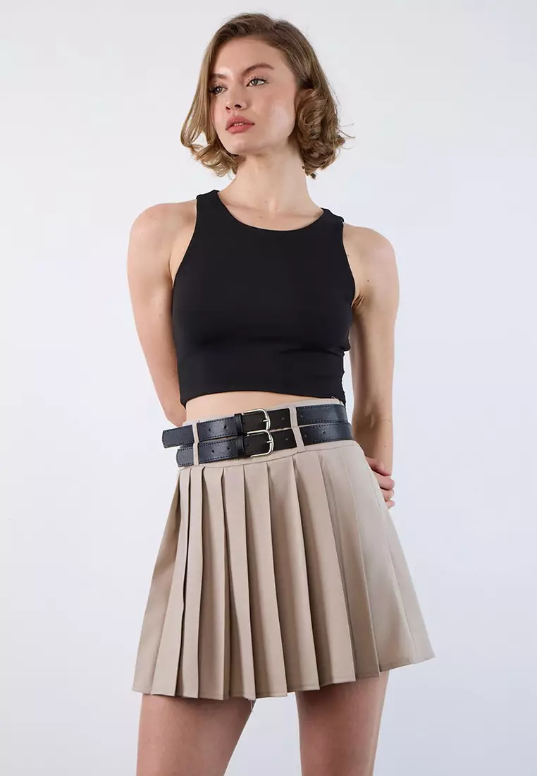 Stone Double Belted Pleated Mini Skirt