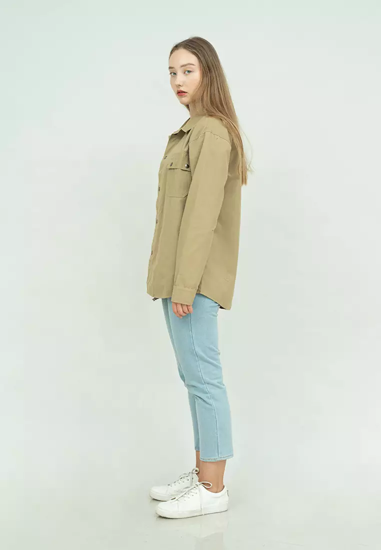 Jaket parka outer jaket wanita semi parka warna krem unisex