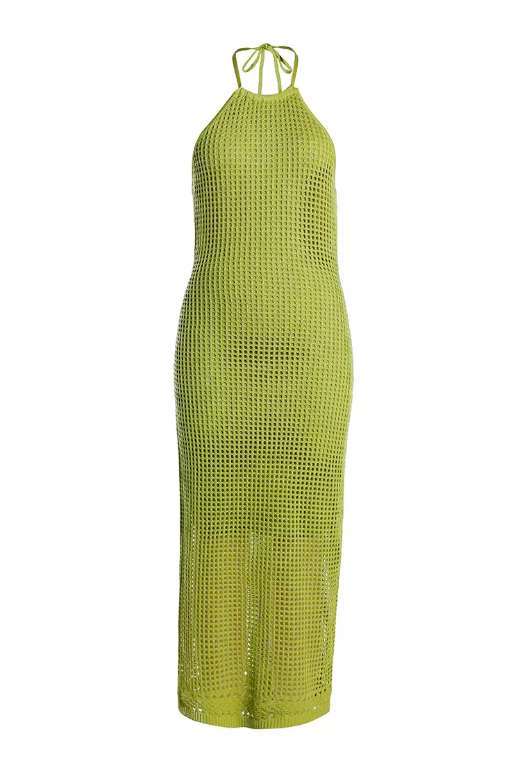 Gaun Punggung Terbuka Leher Halter dengan warna Chartreuse