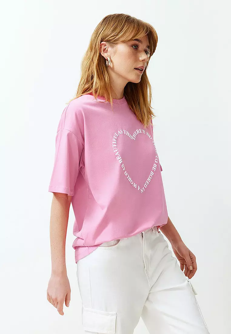 Pink Heart Motto Printed Oversize/Casual Fit Knitted T-Shirt
