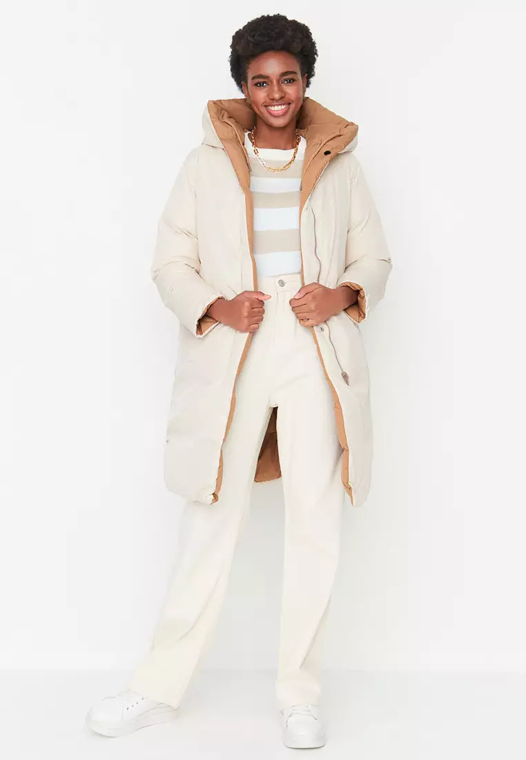 Brown-Ecru Double Sided Hooded Water Repellent Long Puffer Jacket TWOAW23MO00052