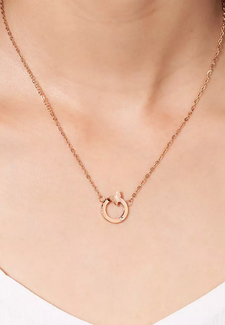 Butterfly in Love Necklace in Rose Gold Plated Titanium with Genuine 0.005ct Diamond