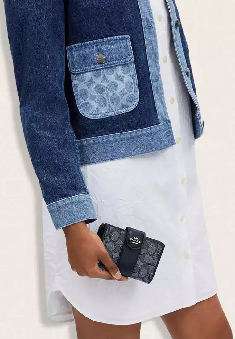 Coach Medium Corner Zip Wallet In Signature Jacquard Midnight Navy