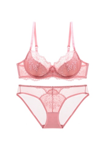 ZITIQUE pink Women's Sexy Thin 3/4 Cup Lace Trimmed Nylon Lingerie Set (Bra and Underwear) - Pink D6118US28F65D3GS_1