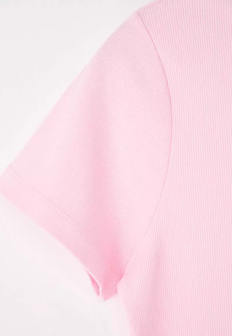 Pink Button Detailed Fitted Cord Knitted Large Size Blouse Tbbss25Af00060