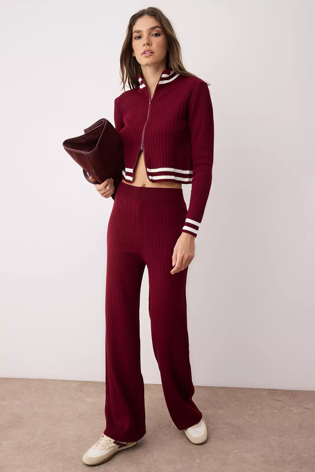 Burgundy Zippered Knitwear Bottom Top Set