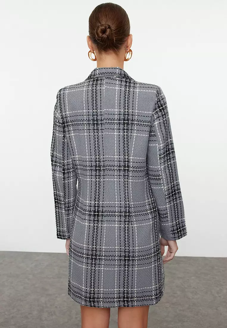 Gray Plaid / Checkered Woven Winter Jacket Dress TWOAW23EL00475
