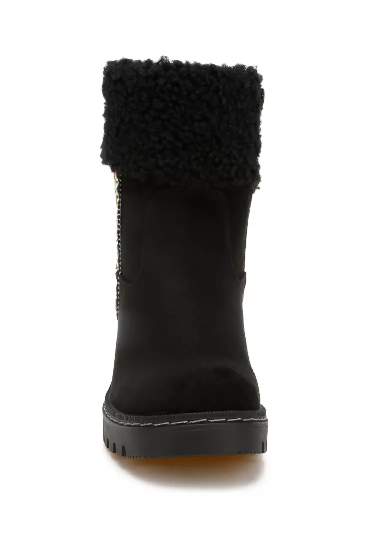 Faux Fur & Embroidery Detail Boots in Black