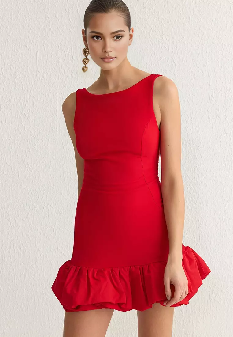 Red Balloon Skirt Detailed Woven Short Dress With Shorts Lining