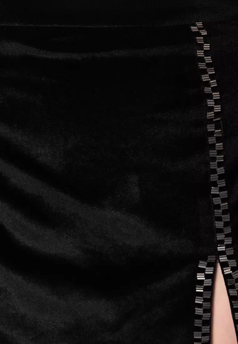 FabAlley Black Velvet Embellished One Shoulder Top And Mini Skirt Co-ord Set