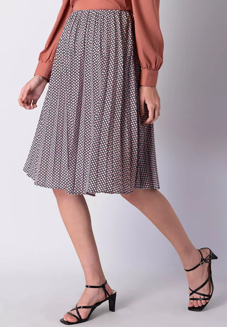 Black Geometric Pleated Midi Skirt