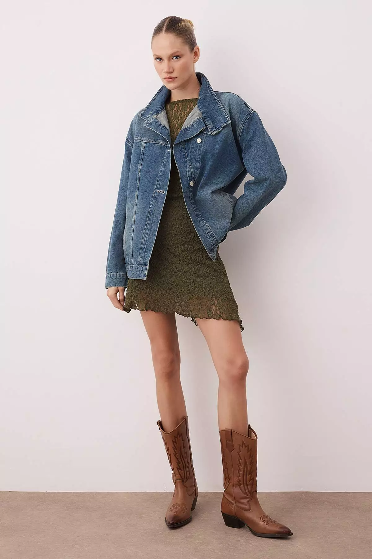 Blue Double Breasted Closure Stand Collar Denim Jacket Twoaw26Ce55