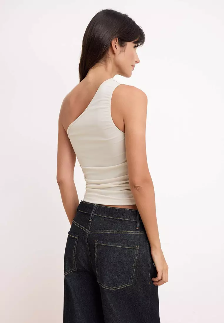 Taş Ruched Detail Fitted/Fitted One Shoulder Stretchy Knitted Blouse Twoss21Bz59