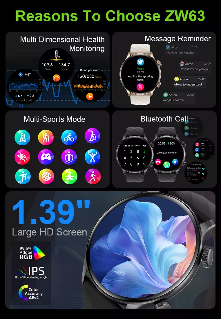 Smartwatch ZW63 Waterproof IP67 Tracker Outdoor Custom Wallpaper Sports Fitness Tracker Bluetooth Call khaki