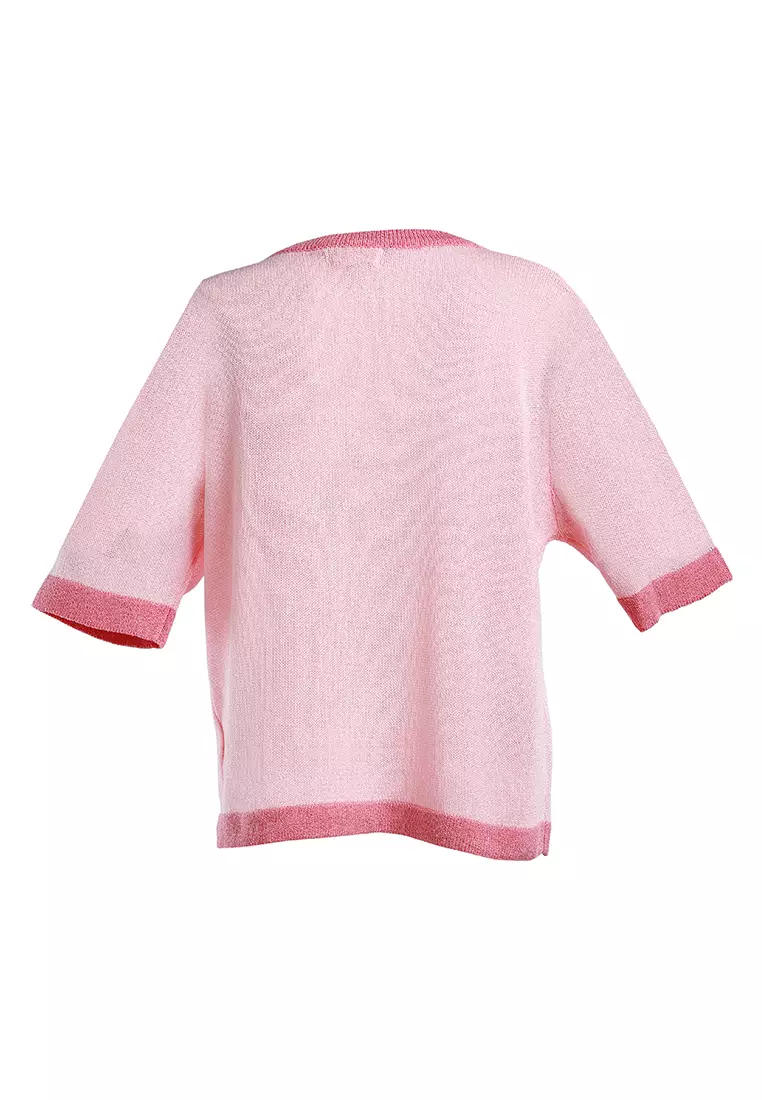 Pink Contrast Neck and Sleeve Rib T-Shirt